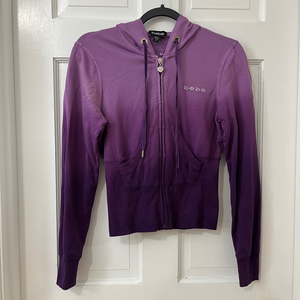 Y2K Bebe Purple Ombre Hoodie M Rhinestone Heart Charm Bratz McBling 2000s